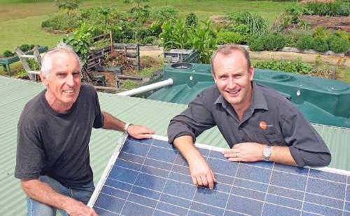 John Jessup (left) from Lismore Community Garden and Nick Lake from Nickle Energy like the feel of solar power. John Jessup (left) from Lismore Community Garden and Nick Lake from Nickle Energy like the feel of solar power.